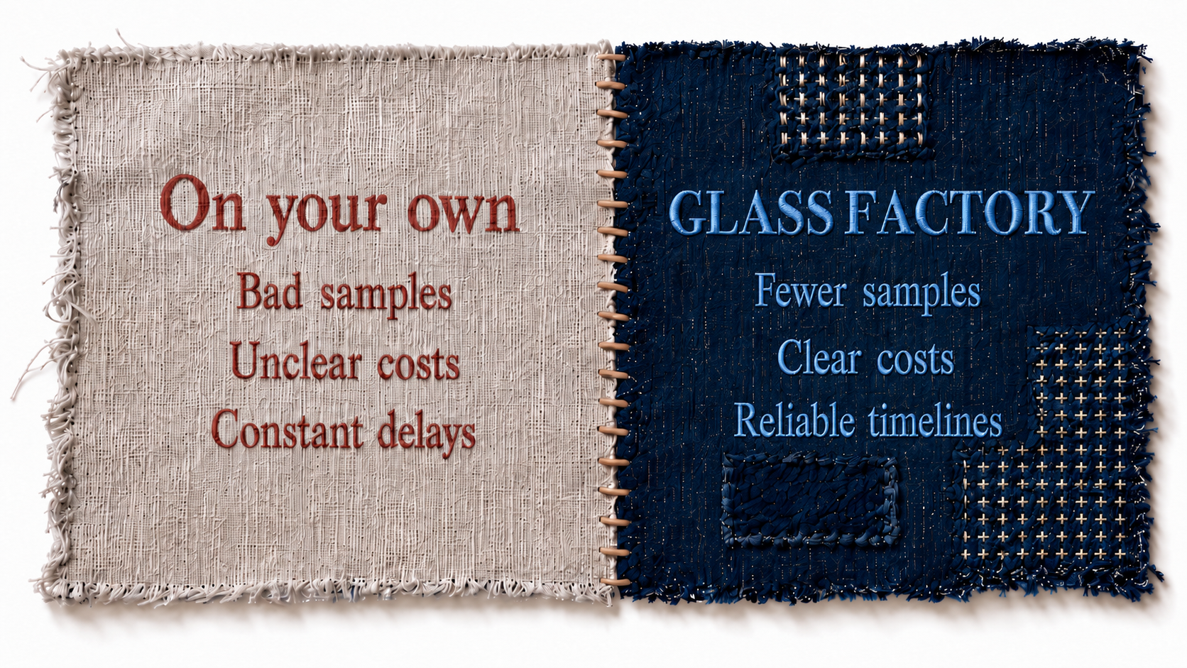Two stitched fabric swatches compared. On your own: bad samples, unclear costs, constant delays. With Glass Factory: fewer samples, clear costs, reliable timelines