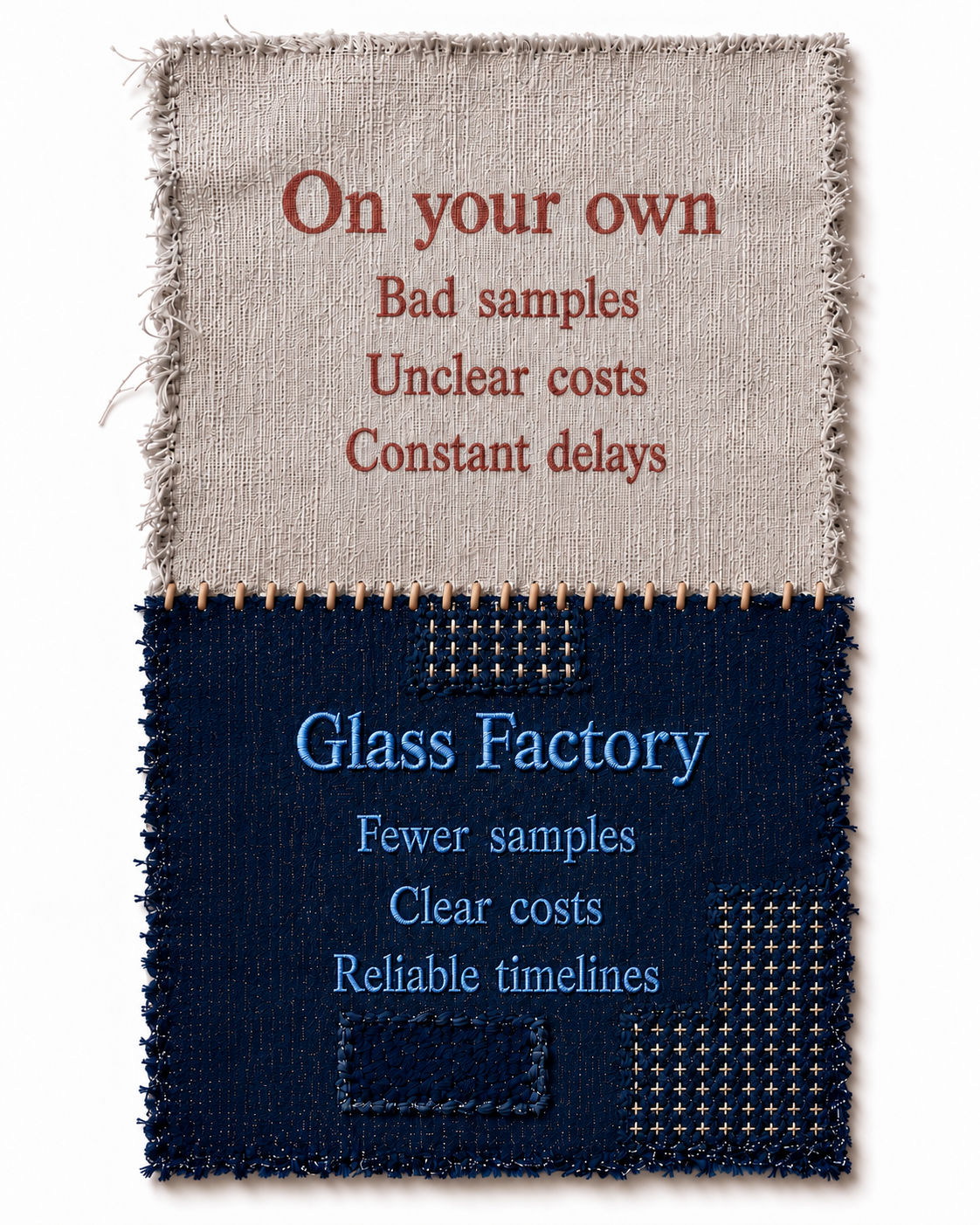 Two stitched fabric swatches compared. On your own: bad samples, unclear costs, constant delays. With Glass Factory: fewer samples, clear costs, reliable timelines